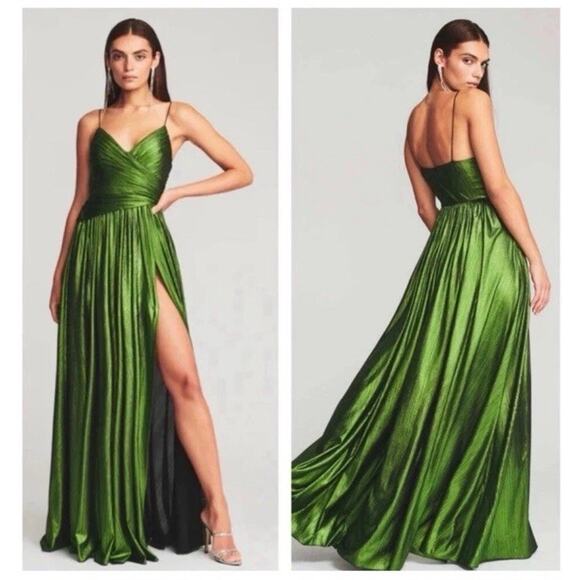 Retrofete Doss Maxi Dress Womens Small Gown Lime Green Lame V-Neck Ruched Retrofete Doss Maxi Dress Womens Small Gown Lime Green Lame V-Neck Ruched
